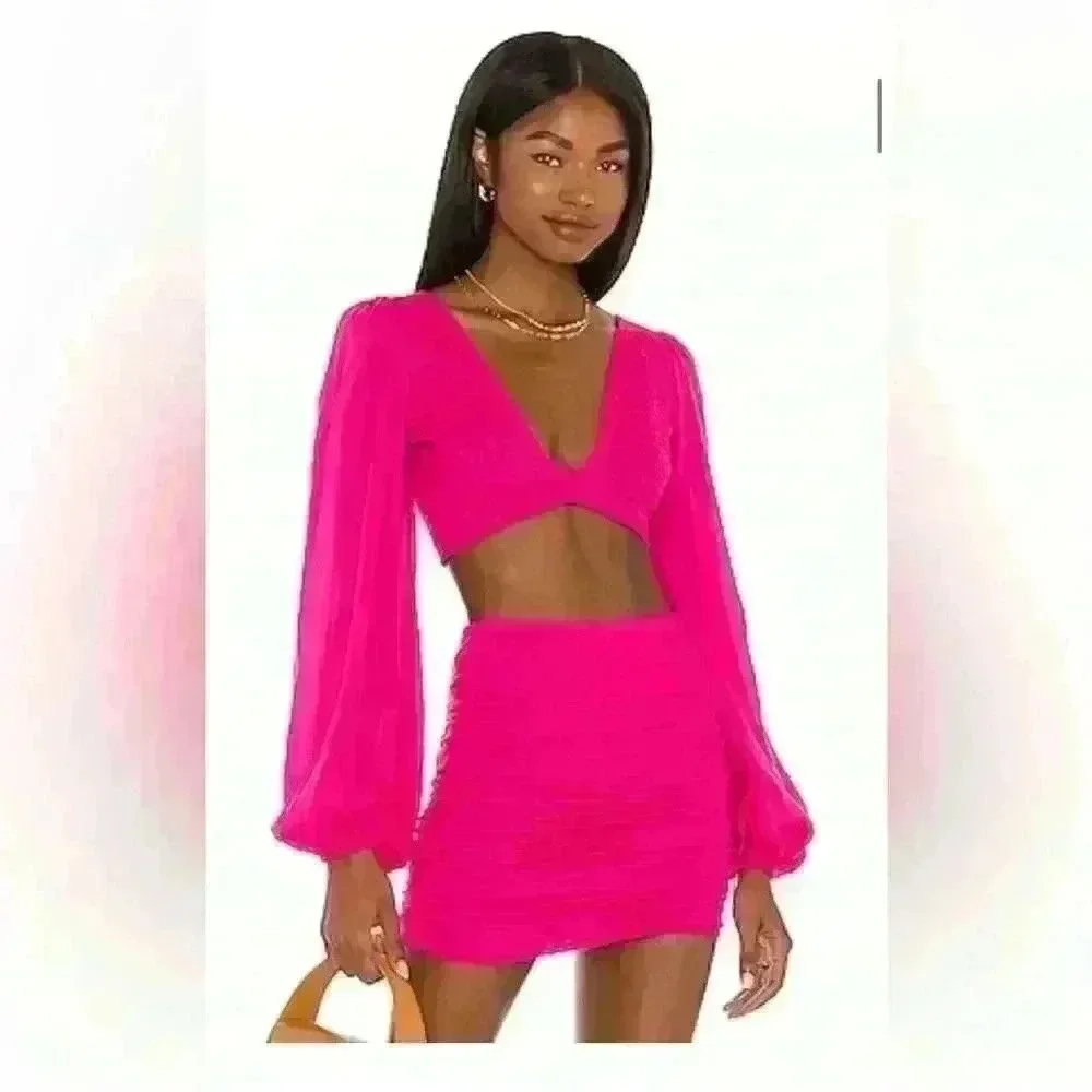 Indah Revolve Biru Ruched Crop Top & Skirt Set in Pink